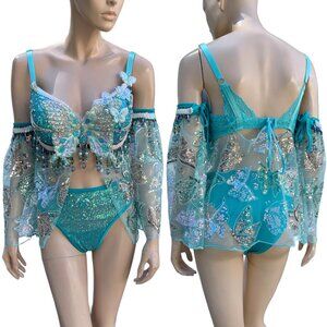 Turquoise Blue Dancing Butterfly Goddess Fairy Festival Bra High Rise Bottom